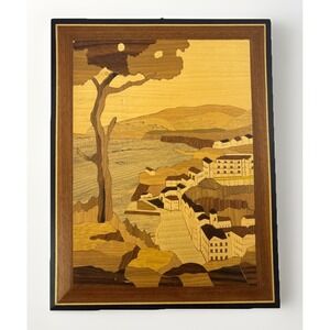 Italian Village Coastal Scene By Sorrento Marquetry Wooden Inlay Picture 8.7x11"